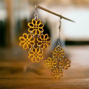 New in! Wood laser cut flowers dangle style hook earrings BRAND NEW boho indie